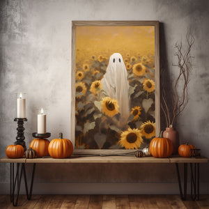 Ghost In The Sunflower Field Poster Print,Gothic Art Poster, Art Poster Print, Haunting Ghost, Halloween Decor,Field Art Poster