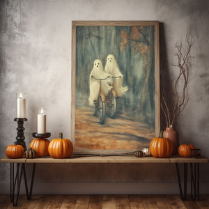 Ghost Couple Riding A Bicycle Wall Art, Ghost Couple In The Forest Hanging Poster, Cycling In The Forest Poster, Poster Happy Ghost, Halloween Decor