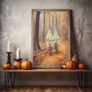 Ghost Couple In The Forest Hanging Poster, Cycling In The Forest Poster, Poster Happy Ghost, Ghost Riding A Bicycle Wall Art, Halloween Decor