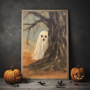 Ghost Hiding Behind Tree Print Poster, Ghosts Art Print, Halloween Art Print, Halloween Decor, Spooky Vintage Halloween, Print Wall Art, Halloween Gift