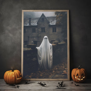 Ghost By The House Poster, Vintage Photography, Art Poster Print, Gothic Occult Poster, Halloween Poster, Wall Decor, Halloween Decor