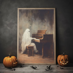 Ghost Playing The Piano Print Poster, Halloween Poster, Art Poster Print, Dark Academia, Gothic Retro, Halloween Decor, Cute Ghost Poster