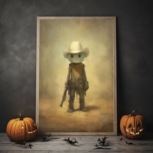 Cute Ghost Holding Gun Print Poster, Halloween Cowboy Poster, Cowboy Poster Print, Dark Academia, Halloween Decor, Cute Ghost Poster,Vintage Photography