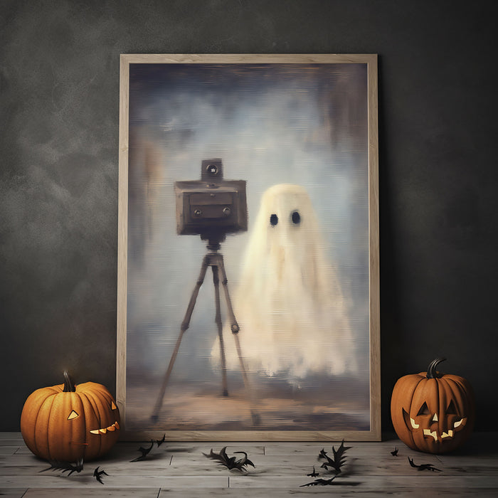 Cute Ghost Photographer Print Poster, Halloween Poster, Art Poster Print, Dark Academia, Gothic Retro, Halloween Decor, Cute Ghost Poster