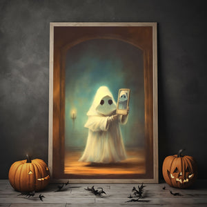 Ghost Holding A Smart Phone Print Poster, Halloween Poster, Art Poster Print, Dark Academia, Gothic Retro, Halloween Decor, Cute Ghost Poster