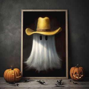 Cute Ghost And Cowboy Hat Poster Print,Cowboy Art Poster, Art Poster Print, Haunting Ghost, Halloween Decor,Print Wall Art