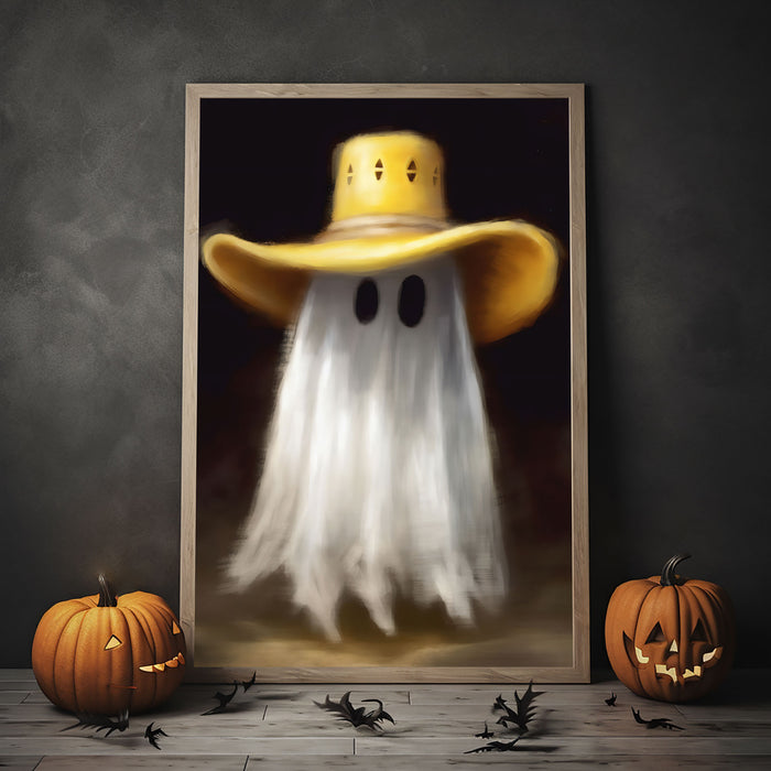 Cute Ghost Wearing Yellow Cowboy Hat Poster Print,Cowboy Art Poster, Art Poster Print, Haunting Ghost, Halloween Decor,Print Art Poster