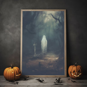 Ghost In The Gloomy Forest Poster, Ghosts Art Print, Halloween Art Print, Halloween Decor, Spooky Vintage Halloween, Print Wall Art