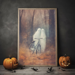 Ghost Couple Standing By Bicycle In Fall Forest Poster, Halloween Art, Vintage Poster, Art Poster Print, Dark Academia, Print Wall Art