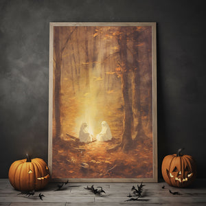 Couple Ghost By The Campfire In The Fall Forest Poster Print, Fall Decor, Vintage Poster, Art Poster Print,Halloween Decor, Gothic Victorian,Dark Academia