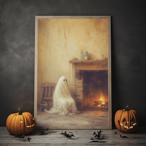 Ghost Sitting By The Fireplace Poster, Vintage Poster, Art Poster Print, Dark Academia, Haunting Ghost, Halloween Decor