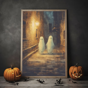 Ghost Couple Walking In The Alley Poster Print, Fall Decor, Vintage Poster, Art Poster Print,Halloween Decor, Gothic Victorian,Dark Academia