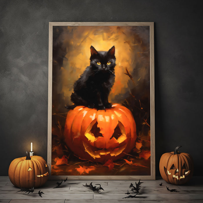 Cat On A Pumpkin Poster, Black Cat Art Poster Print, Dark Academia, Oil Painting, Witchy Decor, Halloween Poster