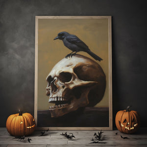 Black Crow On Skull Print Poster, Oil Painting Art, Halloween Art, Vintage Poster, Art Poster Print, Dark Academia, Gothic Victorian Crow