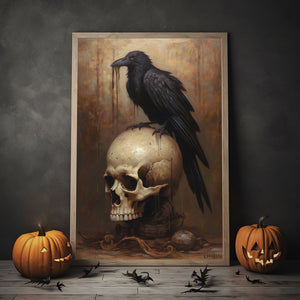 Black Crow On Skull Head Print Poster, Black Crow Dark Romantic Creepy, Halloween Art, Vintage Poster, Art Poster Print, Dark Academia, Gothic Victorian Crow