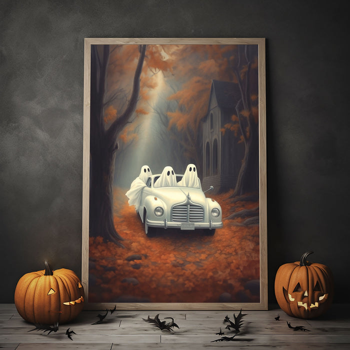 Ghosts In The Fall Woods In A Car Poster, Halloween Autumn Poster, Art Oil Painting, Haunting Ghost, Halloween Decor, Print Wall Art