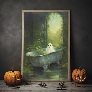 Ghost Bathroom Print Poster, Ghost In The Bath Wall Art, Halloween Poster, Vintage Poster, Art Poster Print, Dark Academia, Haunting Ghost, Halloween Decor