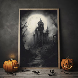 Spooky Castle Poster, Vintage Poster, Haunting Ghost, Halloween Decor, Dark Academia Room Decor, Wall Decor