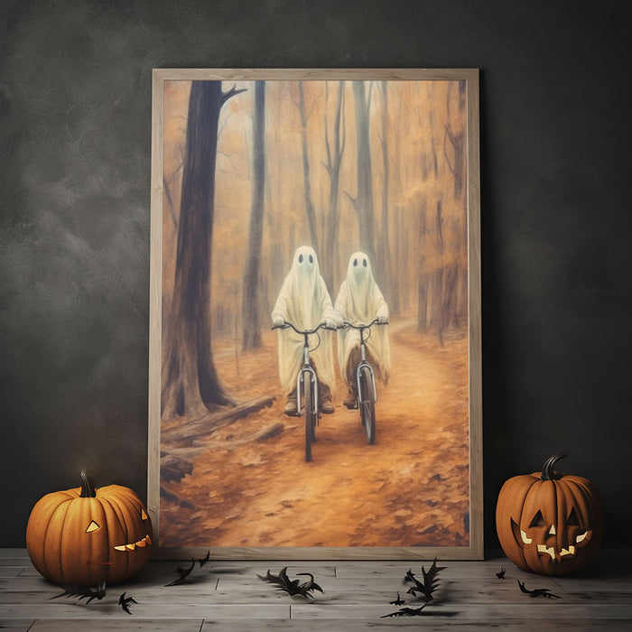 Ghost Couple In The Forest Hanging Poster, Cycling In The Forest Poster, Poster Happy Ghost, Ghost Riding A Bicycle Wall Art, Halloween Decor