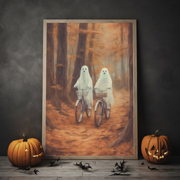 Ghost Riding A Bicycle Wall Art, Ghost Couple In The Forest Hanging Poster Canvas, Cycling In The Forest Canvas, Poster Happy Ghost