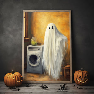 Ghost By The Washing Machine Poster Print, Fall Decor, Vintage Poster, Art Poster Print,Halloween Decor, Gothic Victorian,Dark Academia