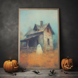 Cute Ghost At The Abandoned House Poster, Vintage Poster, Art Poster Print, Dark Academia, Haunting Ghost, Halloween Decor, Print Wall Art