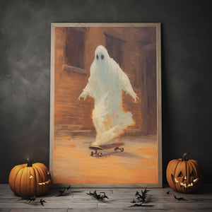 Ghost Playing Skateboard On The Street Poster, Halloween Art, Vintage Poster, Art Poster Print, Dark Academia, Halloween Decor