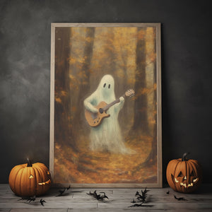 Ghost Playing Guitar In The Fall Forest Poster Print, Witch Decor, Vintage Poster, Art Poster Print,Halloween Decor, Gothic Victorian,Dark Academia