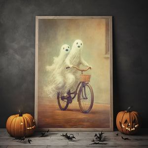 Ghost Couple Riding On Bicycle Poster, Vintage Poster, Art Poster Print, Dark Academia, Haunting Ghost, Halloween Decor, Couple Halloween Gift