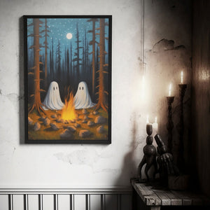 Two Ghost On Campsite Wall Art Print Poster, Halloween Poster, Art Poster Print, Dark Academia, Gothic Retro, Halloween Decor, Cute Ghost Poster