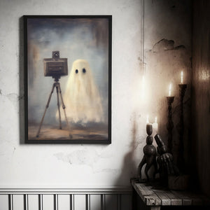 Cute Ghost Photographer Print Poster, Halloween Poster, Art Poster Print, Dark Academia, Gothic Retro, Halloween Decor, Cute Ghost Poster