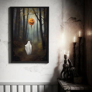 Ghost Holding A Pumpkin Balloon In The Forest, Halloween Poster, Art Poster Print, Dark Academia, Gothic Retro, Halloween Decor, Cute Ghost Poster