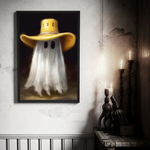 Cute Ghost Wearing Yellow Cowboy Hat Poster Print,Cowboy Art Poster, Art Poster Print, Haunting Ghost, Halloween Decor,Print Art Poster