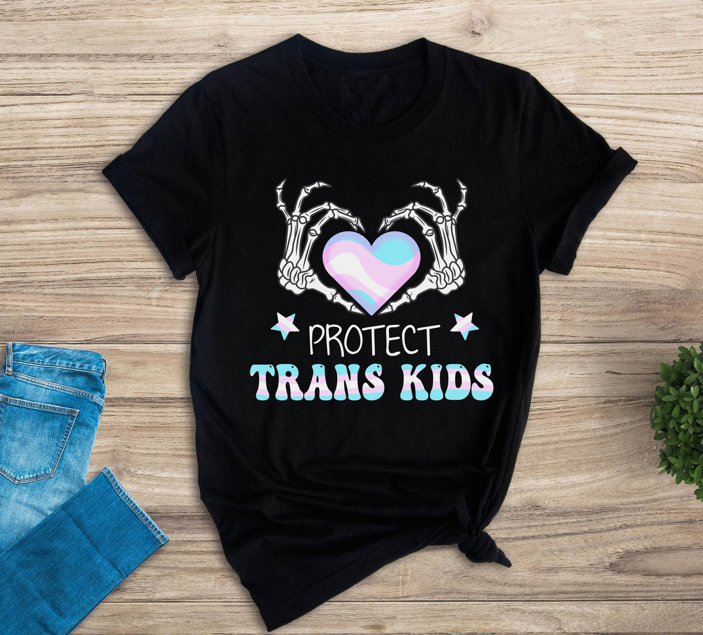 Protect Trans Kids Skeleton Heart Transgender Flag Equality T-Shirt