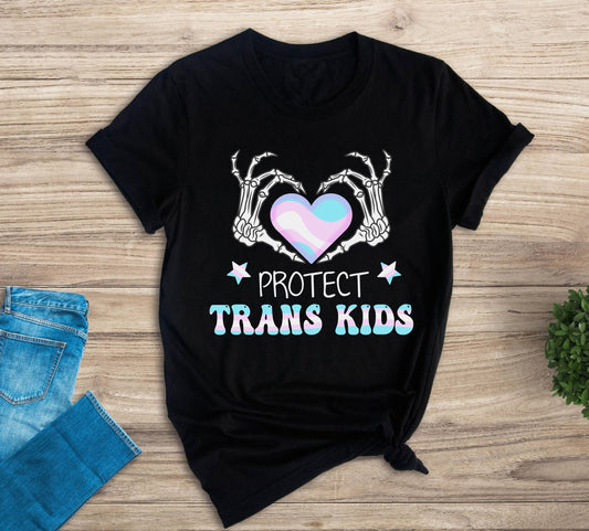 Protect Trans Kids Skeleton Heart Transgender Flag Equality T-Shirt