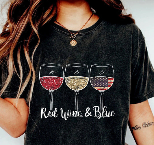 Red Wine And Blue T-shirt, 4th Of July Gift, Patriotic Shirt For Women And Men, USA Flag Shirt, Independence Day T-shirt, Red White And Blue