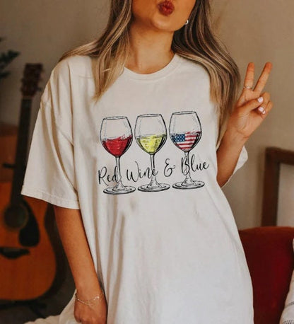 Red Wine & Blue 4th of July wine Red White Blue Wine Glasses T-Shirt