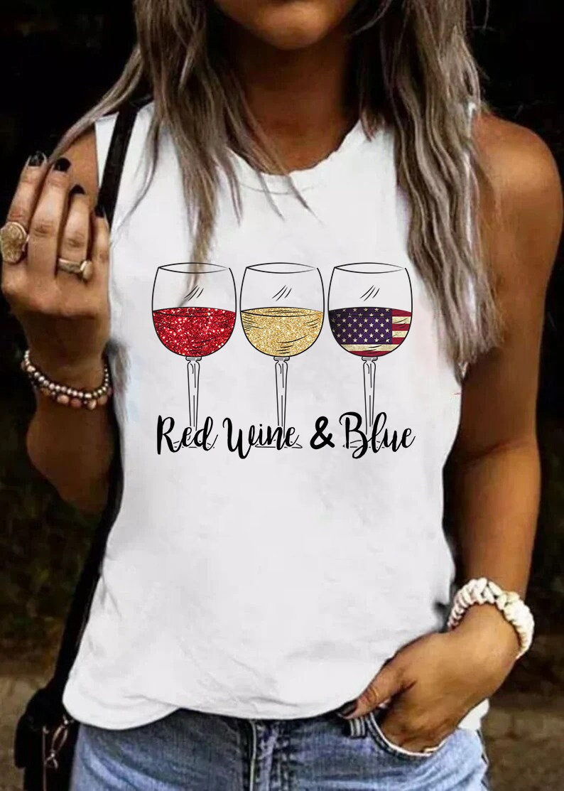 Red Wine & Blue 4th of July wine Red White Blue Wine Glasses Tank Top