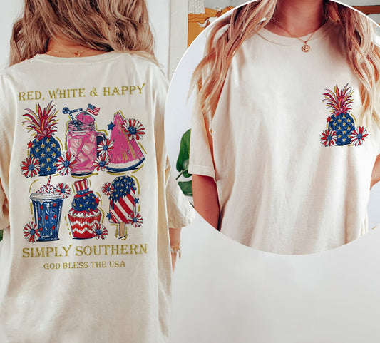 Red, White & Happy T-Shirt, God Bless The USA Tee, Fourth Of July Shirt Shirt, USA Shirt, Summer BBQ T-shirt, Women's 4th Of July, 1776 Tee