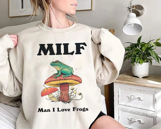 Retro Frog sweatshirt, Funny MILF Froggy Shirt, Cottagecore Froggy Tee, Oversized UNISEX T-shirt, Toad Shirt, Frog Lover shirt, funny Shirt