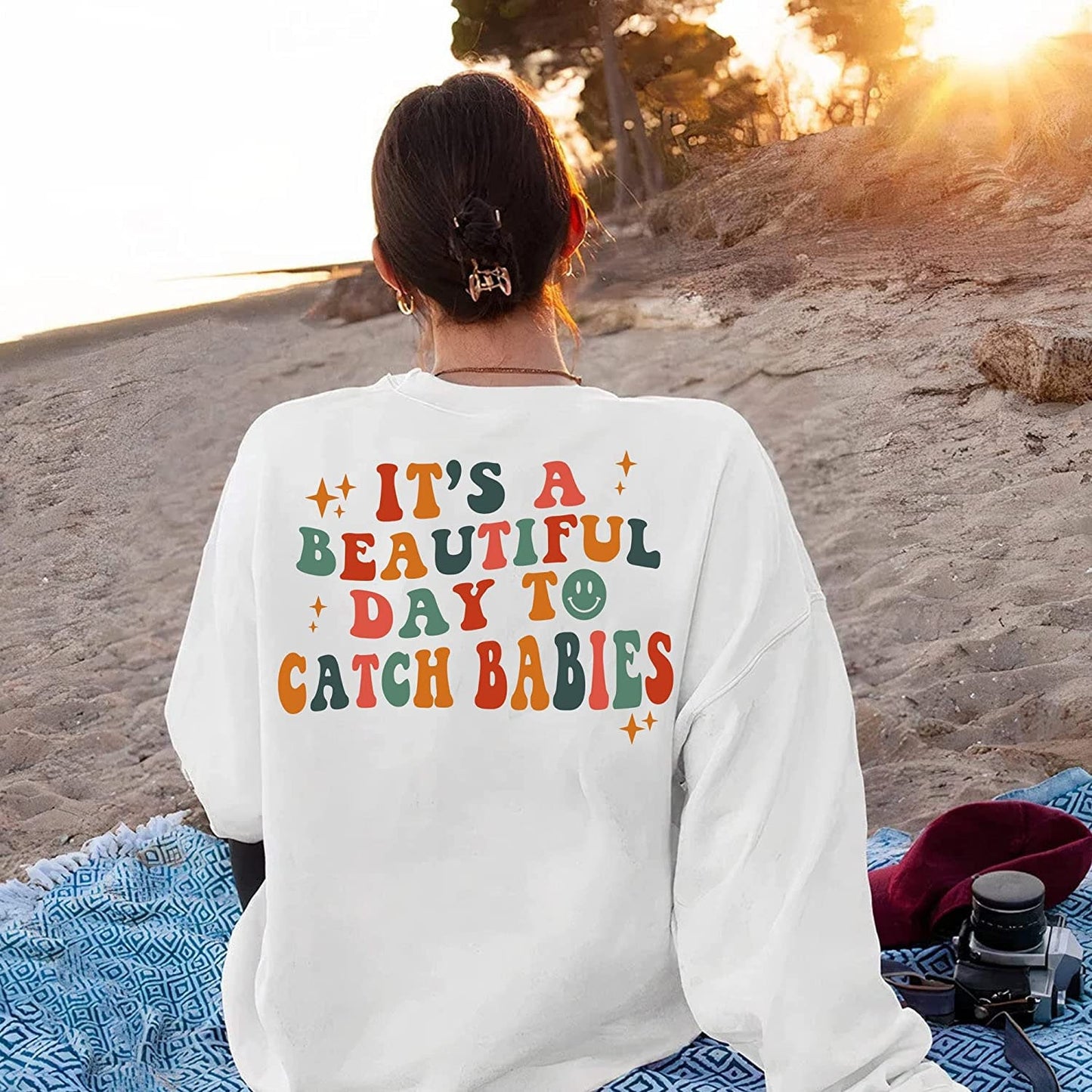Retro It's A Beautiful Day To Catch Babies Sweatshirt, Custom Labor And Delivery Nurse T-Shirt, Midwife Shirt, L&D Nurse, Nurse Sweatshirt