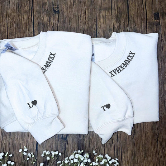 Roman Numerals on Neckline Sweatshirt or Hoodie, Custom Embroidered His And Hers Valentine's Day Gifts
