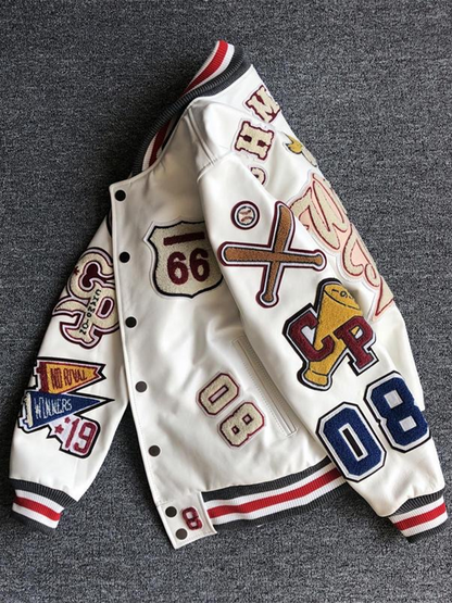 Unisex New Embroidery Harajuku Patchwork PU Coat Women's Hip Hop Leather Jacket Spring Autumn Long Sleeve Female Jacket Outwear