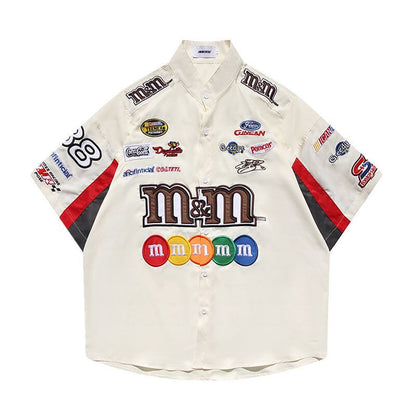 American Retro Embroidery Baseball Shirt Harajuku Hip Hop Short Sleeve Shirts Casual Fashion Uniform Shirt Vintage Streetwear
