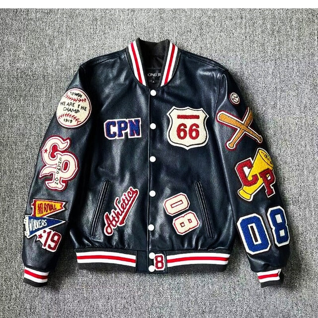 Bomber Leather Jacket Men Motorcycler Flocking Embroidery Loose Biker PU Baseball Jackets Mens High Street Racing Coat 2023