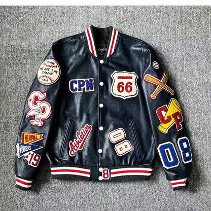 Bomber Leather Jacket Men Motorcycler Flocking Embroidery Loose Biker PU Baseball Jackets Mens High Street Racing Coat 2023