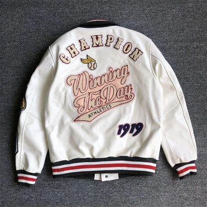 Bomber Leather Jacket Men Motorcycler Flocking Embroidery Loose Biker PU Baseball Jackets Mens High Street Racing Coat 2023