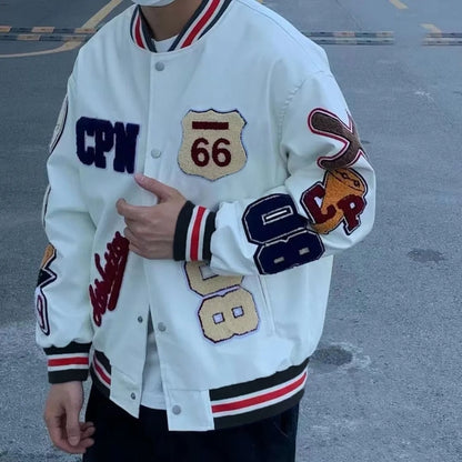 Bomber Leather Jacket Men Motorcycler Flocking Embroidery Loose Biker PU Baseball Jackets Mens High Street Racing Coat 2023