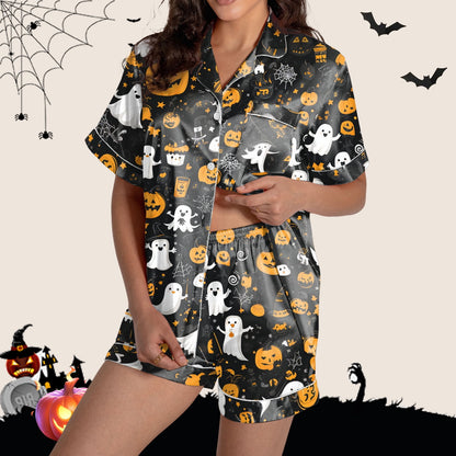 SHITINN Halloween Pajamas Two Piece Silk Pijamas Women Set Halloween Printed Button Up Pajamas for Women Short Sets Loungewear for Women Halloween Womens Pjs