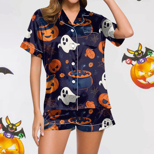 SHITINN Halloween Pajamas Women 2 Piece Silk Pjs Women Halloween Womens Button Down Pajama Sets with Shorts Womens Loungewear Pajama Pants Women Set